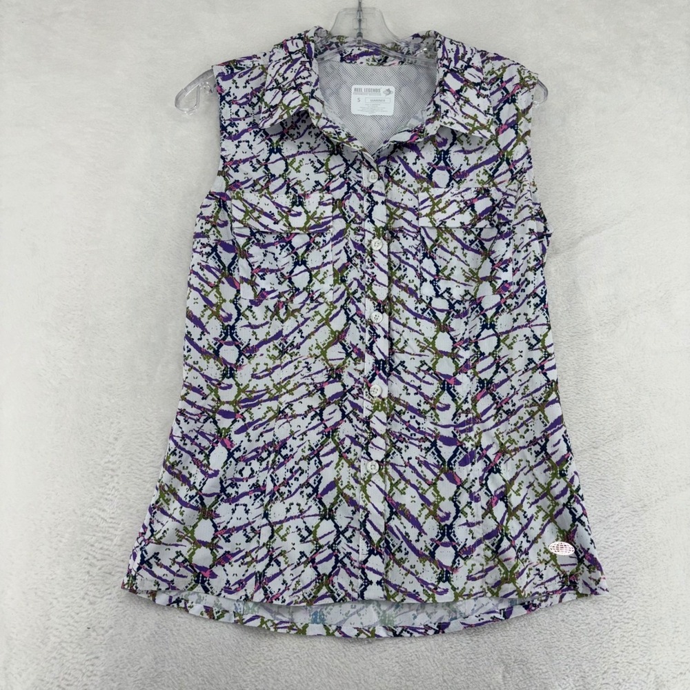 Reel Legends Mariner Sleeveless Fishing Shirt Womens Small Purple Green Abstract